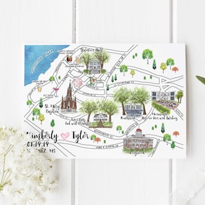 Benutzerdefinierte Aquarell Hochzeitskarte, personalisierte handgezeichnete Natchez-Karte für Willkommenstasche, Speichern Sie das Datum, Reiseplan