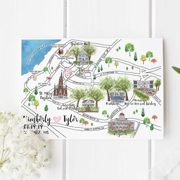 Custom Watercolor Wedding Map, Personalized Hand Drawn Wedding Map for Welcome Bag, Save the Date, Itinerary and Christmas Gift