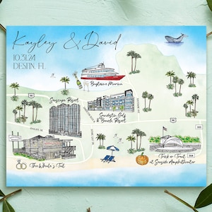 4-5 posizioni Mappa personalizzata per matrimonio con acquerello, mappa personalizzata disegnata a mano di Destin, Florida per borsa di benvenuto, salva la data, itinerario