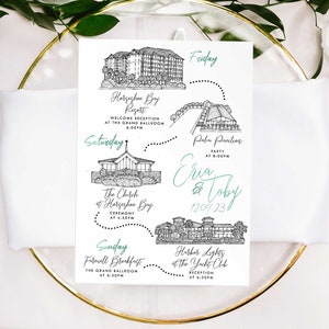 4-5 locaties aangepaste aquarel trouwkaart, gepersonaliseerde handgetekende kaart voor welkomsttasje, bewaar deze datum, reisplan, volgorde van evenementen