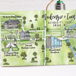 6-7 locaties aangepaste aquarel bruiloft kaart, gepersonaliseerde handgetekende kaart Omaha Nebraska voor welkomsttasje, bewaar deze datum, reisplan