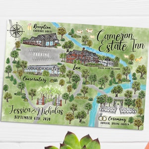 6-7 Locations Custom Watercolor Wedding Map, Personalized Hand Drawn Wedding Vanue Map for Welcome Bag, Save the Date, Itinerary