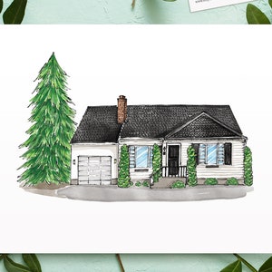 Custom Hand Painted House Portrait, Hand Drawn House Illustration in Ink & Watercolor, Printable Art for Christmas Gift Housewarming