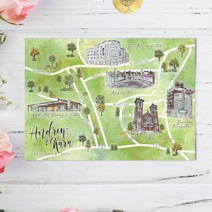Mapa de boda personalizado en acuarela de 4 a 5 ubicaciones, mapa personalizado de Manhattan, Kansas, dibujado a mano para bolsa de bienvenida, reserva de fecha e itinerario.