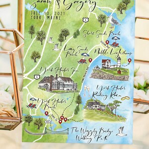 4-5 locaties aangepaste aquarel bruiloft kaart, gepersonaliseerde handgetekende kaart York Maine voor welkomsttasje, bewaar deze datum, reisplan