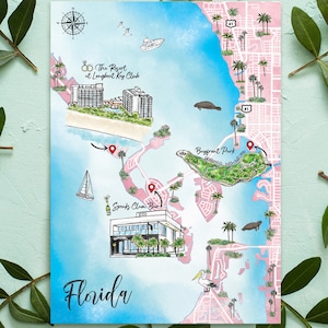 1-3 posizioni Mappa personalizzata per matrimonio con acquerello, mappa della Florida disegnata a mano personalizzata per borsa di benvenuto, salva la data, itinerario