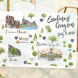 Mapa de boda personalizado en acuarela de 4 a 5 ubicaciones, mapa de Nashville personalizado dibujado a mano para bolsa de bienvenida, reserva de fecha e itinerario.