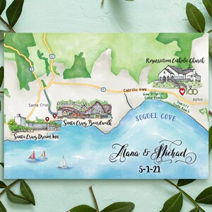 Carte de mariage aquarelle personnalisée de 1 à 3 endroits, carte de Santa Cruz personnalisée dessinée à la main pour sac de bienvenue, réservez la date, itinéraire