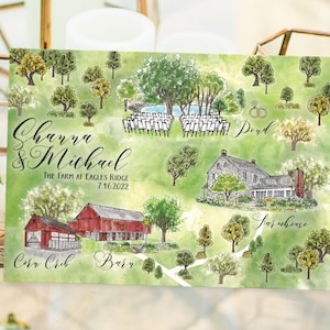Carte de mariage aquarelle personnalisée de 4 à 5 endroits, carte de ferme personnalisée dessinée à la main pour sac de bienvenue, réservez la date, itinéraire, etc.