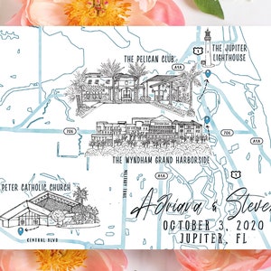 4-5 Locations Custom Watercolor Wedding Map, Personalized Hand Drawn Jupiter Florida Map for Welcome Bag, Save the Date, Itinerary