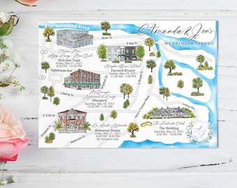 Custom Watercolor Wedding Map Savannah Georgia, Personalized Hand Drawn Wedding Map for Welcome Bag, Save the Date, Itinerary