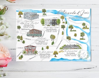 Custom Watercolor Wedding Map: Savannah, 4-5 Locations (Digital Download)