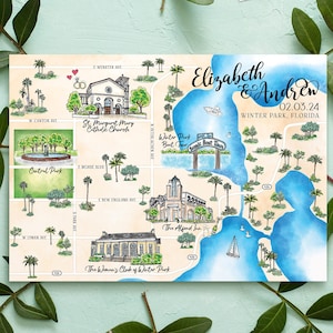 4-5 Orte kundenspezifische Aquarell Hochzeitskarte, personalisierte Hand gezeichnet Winter Park FL Karte für Willkommenstasche, Save the Date, Reiseplan