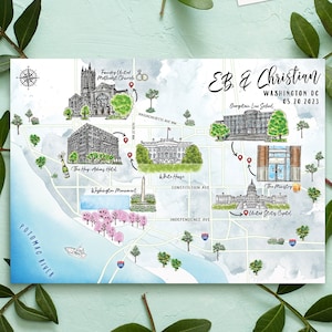 8-9 Orten benutzerdefinierte Aquarell Hochzeitskarte, personalisierte Hand gezeichnete Washington DC Karte für Willkommenstasche, Save the Date, Reiseplan