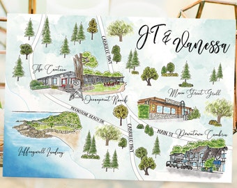 Custom Watercolor Wedding Map: Cambria California, 4-5 Locations (Digital Download)