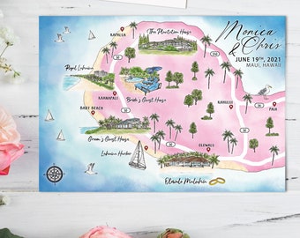 Custom Watercolor Wedding Map Maui Hawaii, Personalized Hand Drawn Wedding Map for Welcome Bag, Save the Date, Itinerary