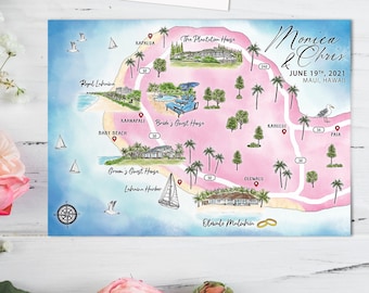 Mapa de boda personalizado en acuarela: Maui, Hawái, 4-5 ubicaciones (descarga digital)