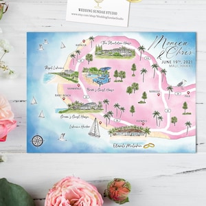 4-5 locaties aangepaste aquarel bruiloft kaart, gepersonaliseerde handgetekende Maui Hawaii kaart voor welkomsttasje, bewaar deze datum, reisplan