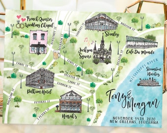 Custom Watercolor Wedding Map New Orleans Louisiana, Personalized Hand Drawn Wedding Map for Welcome Bag, Save the Date, Itinerary