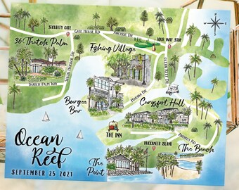 Custom Watercolor Wedding Map, Ocean Reef Florida Personalized Hand Drawn Wedding Map for Welcome Bag, Save the Date, Itinerary