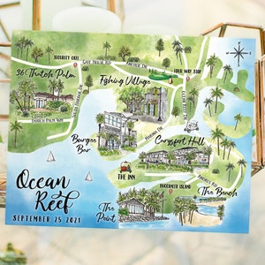 6-7 locaties aangepaste aquarel bruiloft kaart, gepersonaliseerde handgetekende kaart Ocean Reef Florida voor welkomsttasje, bewaar deze datum, reisplan