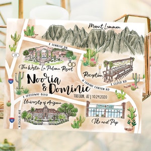 4-5 locaties aangepaste aquarel bruiloft kaart, gepersonaliseerde handgetekende Tucson Arizona kaart voor welkomsttasje, bewaar deze datum, reisplan