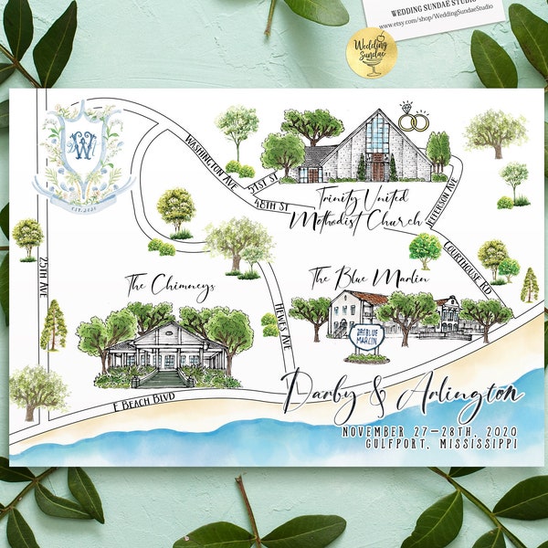 Custom Watercolor Wedding Map, Mississippi Map, Personalized Hand Drawn Wedding Map for Welcome Bag, Save the Date, Itinerary