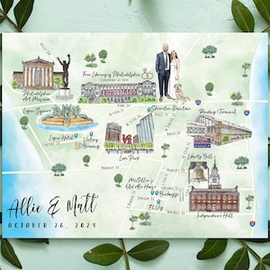 10-11 locaties aangepaste aquarel trouwkaart, gepersonaliseerde handgetekende kaart Philadelphia voor welkomsttas, bewaar deze datum, reisplan
