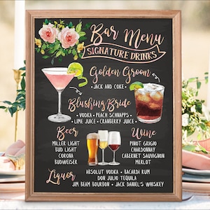 Digital druckbare botanische Hochzeit Bar Menü Schild, seine und ihre Signatur Getränke Cocktails Schilder, Kreidetafel Weihnachten Neujahr IDM20