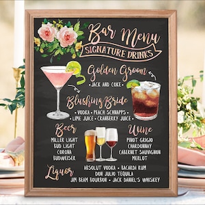 Digital Printable Botanical Wedding Bar Menu Sign, His and Hers Signature Drinks Cocktails Signs, Chalkboard Christmas New Year IDM20