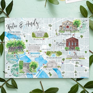 8-9 Orten benutzerdefinierte Aquarell Hochzeitskarte, personalisierte Hand gezeichnete Washington DC Karte für Willkommenstasche, Save the Date, Reiseplan