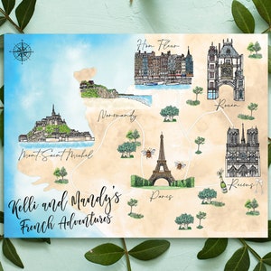 6-7 locaties aangepaste aquarel bruiloft kaart, gepersonaliseerde handgetekende kaart Parijs Frankrijk voor welkomsttasje, bewaar deze datum, reisplan