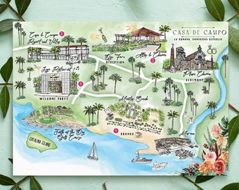 Custom Watercolor Wedding Map: Casa de Campo, 8-9 Locations (Digital Download)