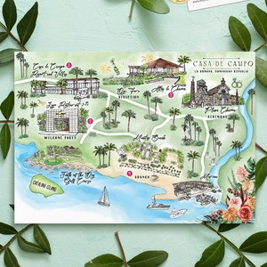 Carte de mariage aquarelle personnalisée 8-9 endroits, carte de la Casa de Campo personnalisée dessinée à la main pour sac de bienvenue, réservez la date, itinéraire