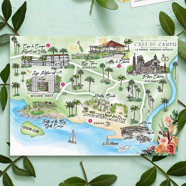 Mapa de boda personalizado en acuarela, Casa de Campo, mapa dominicano, mapa de boda personalizado dibujado a mano para bolsa de bienvenida, guardar la fecha, itinerario