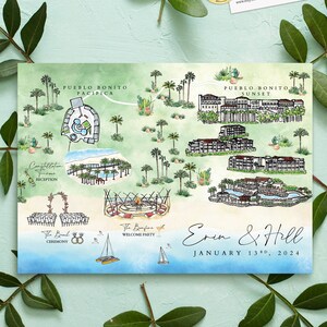 8-9 locaties aangepaste aquarel bruiloft kaart, gepersonaliseerde handgetekende Pueblo Bonito kaart voor welkomsttasje, bewaar deze datum, reisplan
