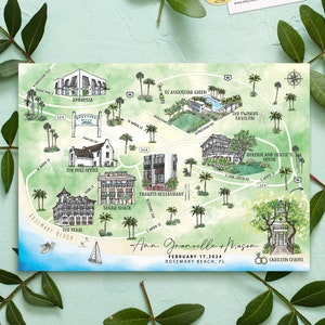 10-11 locaties aangepaste aquarel bruiloft kaart, gepersonaliseerde handgetekende Rosemary Beach FL kaart voor welkomsttasje, bewaar deze datum, reisplan