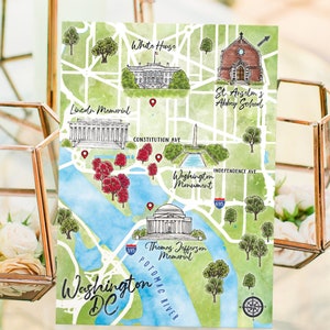 6-7 Orte kundenspezifische Aquarell Hochzeitskarte, personalisierte Hand gezeichnete Washington DC Karte für Willkommenstasche, Speichern Sie das Datum, Reiseplan