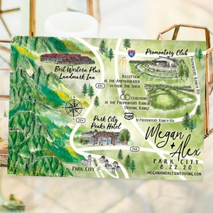 4-5 locaties aangepaste aquarel bruiloft kaart, gepersonaliseerde handgetekende kaart van Park City Utah voor welkomsttasje, bewaar deze datum, reisplan