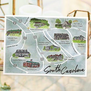 Mapa de boda personalizado en acuarela con 8-9 ubicaciones, mapa de Carolina del Sur personalizado y dibujado a mano para bolsa de bienvenida, guardar la fecha e itinerario.