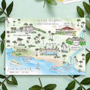Carte de mariage aquarelle personnalisée 6-7 emplacements, carte de la Casa de Campo personnalisée dessinée à la main pour sac de bienvenue, réservez la date, itinéraire