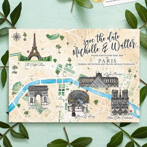4-5 locaties aangepaste aquarel bruiloft kaart, gepersonaliseerde handgetekende kaart Parijs Frankrijk voor welkomsttasje, bewaar deze datum, reisplan