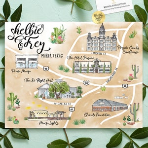 6-7 locaties aangepaste aquarel bruiloft kaart, gepersonaliseerde handgetekende Marfa Texas kaart voor welkomsttasje, bewaar deze datum, reisplan