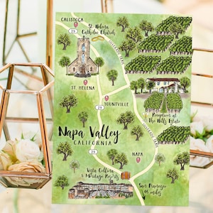 4-5 Orte kundenspezifische Aquarell Hochzeitskarte, personalisierte Hand gezeichnet Napa Valley CA Karte für Willkommenstasche, Save the Date, Reiseplan