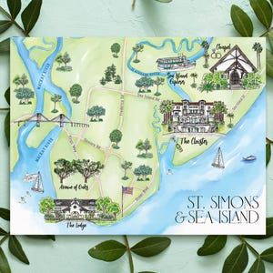 4-5 Orte kundenspezifische Aquarell Hochzeitskarte, personalisierte Hand gezeichnet St. Simons Sea Island Karte für Willkommenstasche, Save the Date, Reiseplan