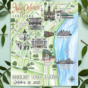 Custom Watercolor Wedding Map: New Orleans Itinerary (10-11 Locations) (Digital Download)