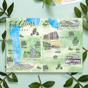 6-7 Locations Custom Watercolor Wedding Map, Personalized Hand Drawn Fort Collins CO Map for Welcome Bag, Save the Date, Itinerary