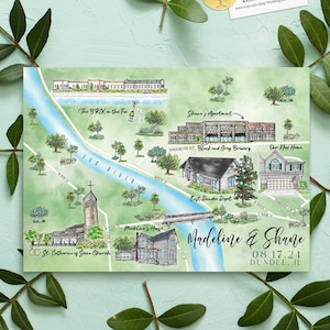 6-7 posizioni Mappa personalizzata per matrimonio ad acquerello, mappa personalizzata disegnata a mano di Dundee Illinois per borsa di benvenuto, salva la data, itinerario