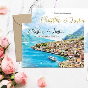 Digitale Printable - Bestemming Bruiloft GARDAMEER ITALIË Aquarel Bruiloft Uitnodiging Set Rsvp Aangepaste Save the Date - ID947