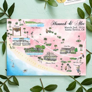 6-7 locaties aangepaste aquarel trouwkaart, gepersonaliseerde handgetekende Santa Teresa CR-kaart voor welkomsttas, bewaar deze datum, reisplan